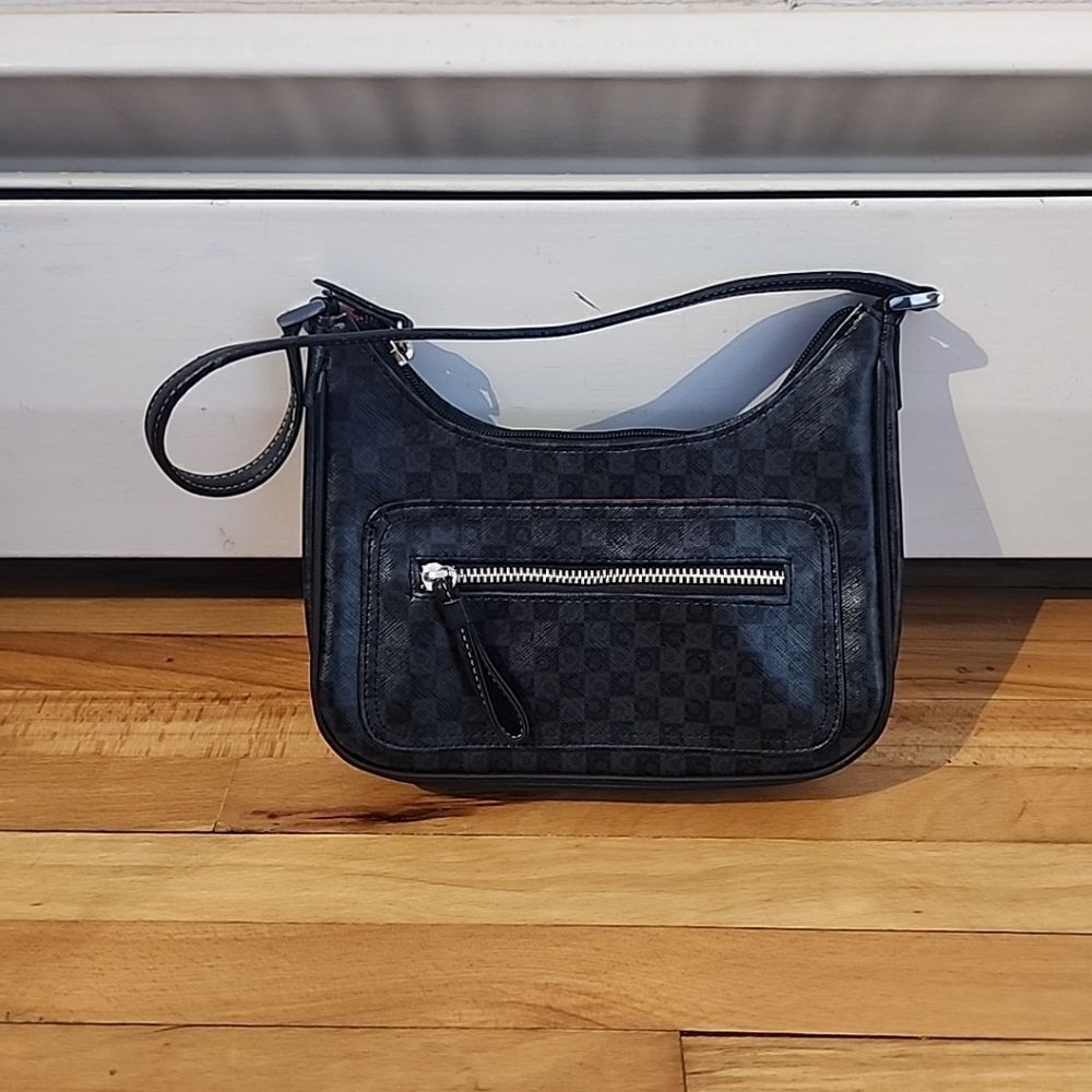 Liz Claiborne Black Handbag PVC Vegan Leather Red Lining Small Checkered